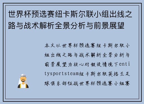 世界杯预选赛纽卡斯尔联小组出线之路与战术解析全景分析与前景展望